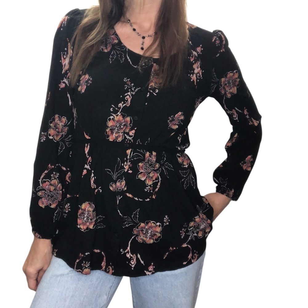 Fat Face Dark Floral Knit Blouse Top Sz UK8 USA 4 Boho Romantic Babydoll Black